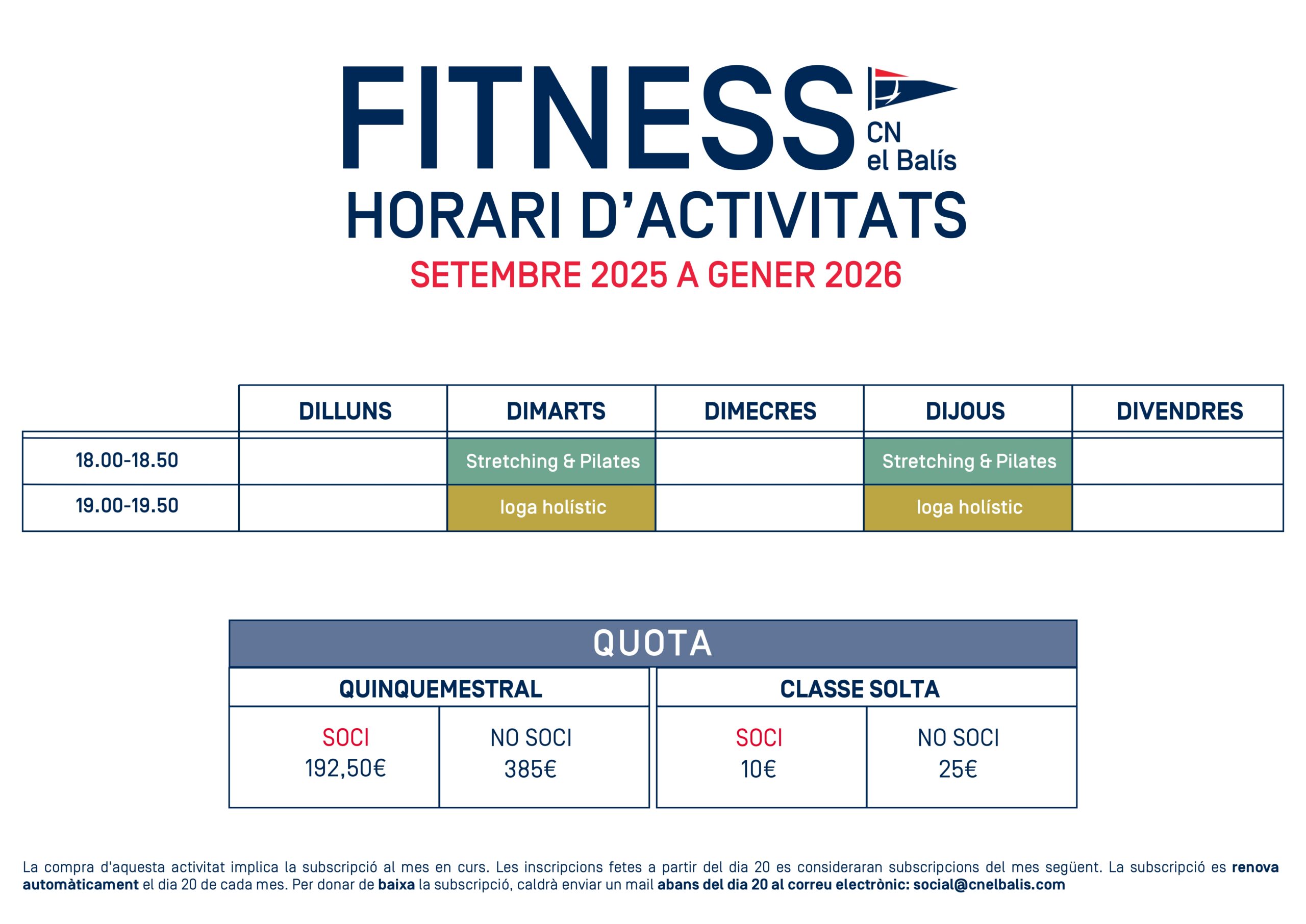 Fitness Horaris Activitats Set. 25 a Juny 26 al CN El Balís