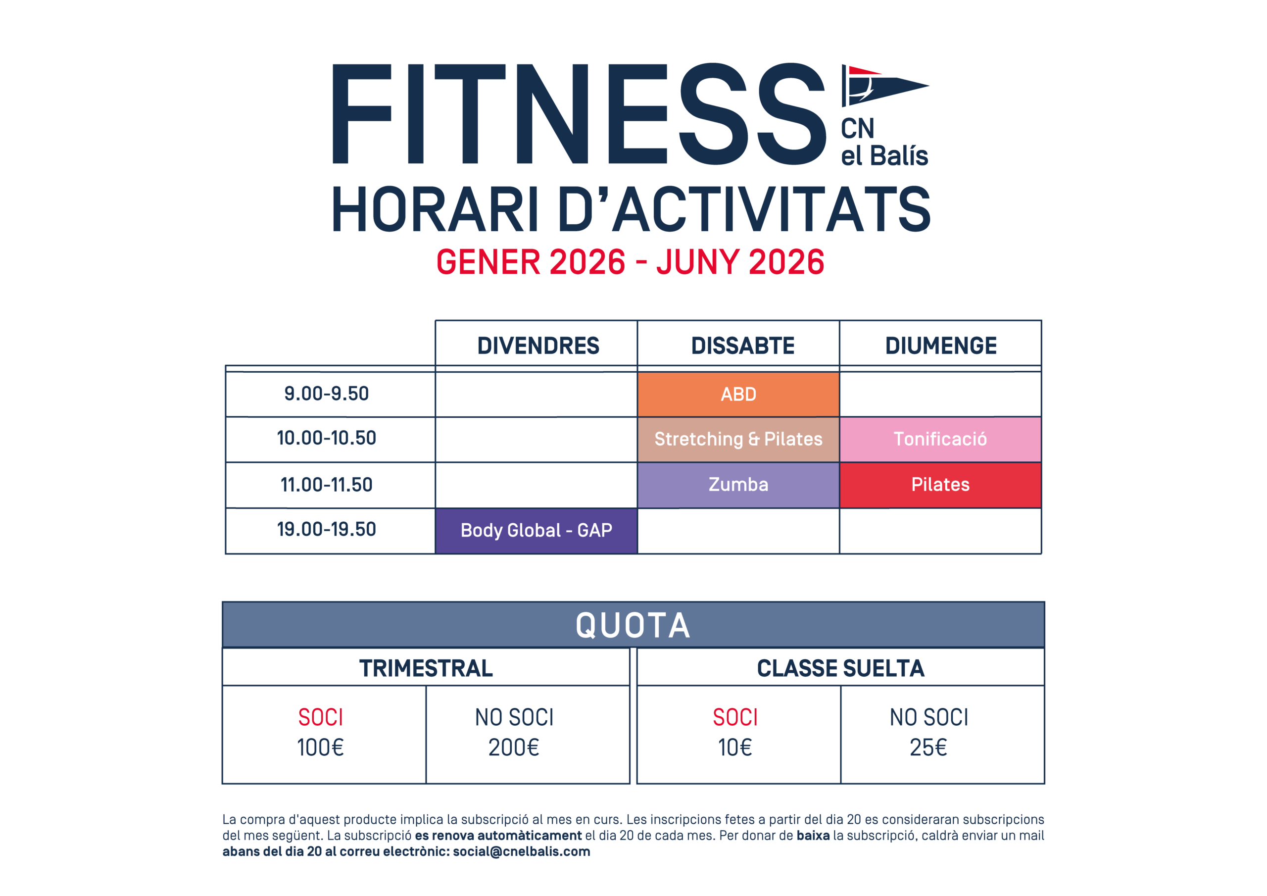 Actualització Horaris Fitness Gener 2026 - Juny 2026 - CN El Balís