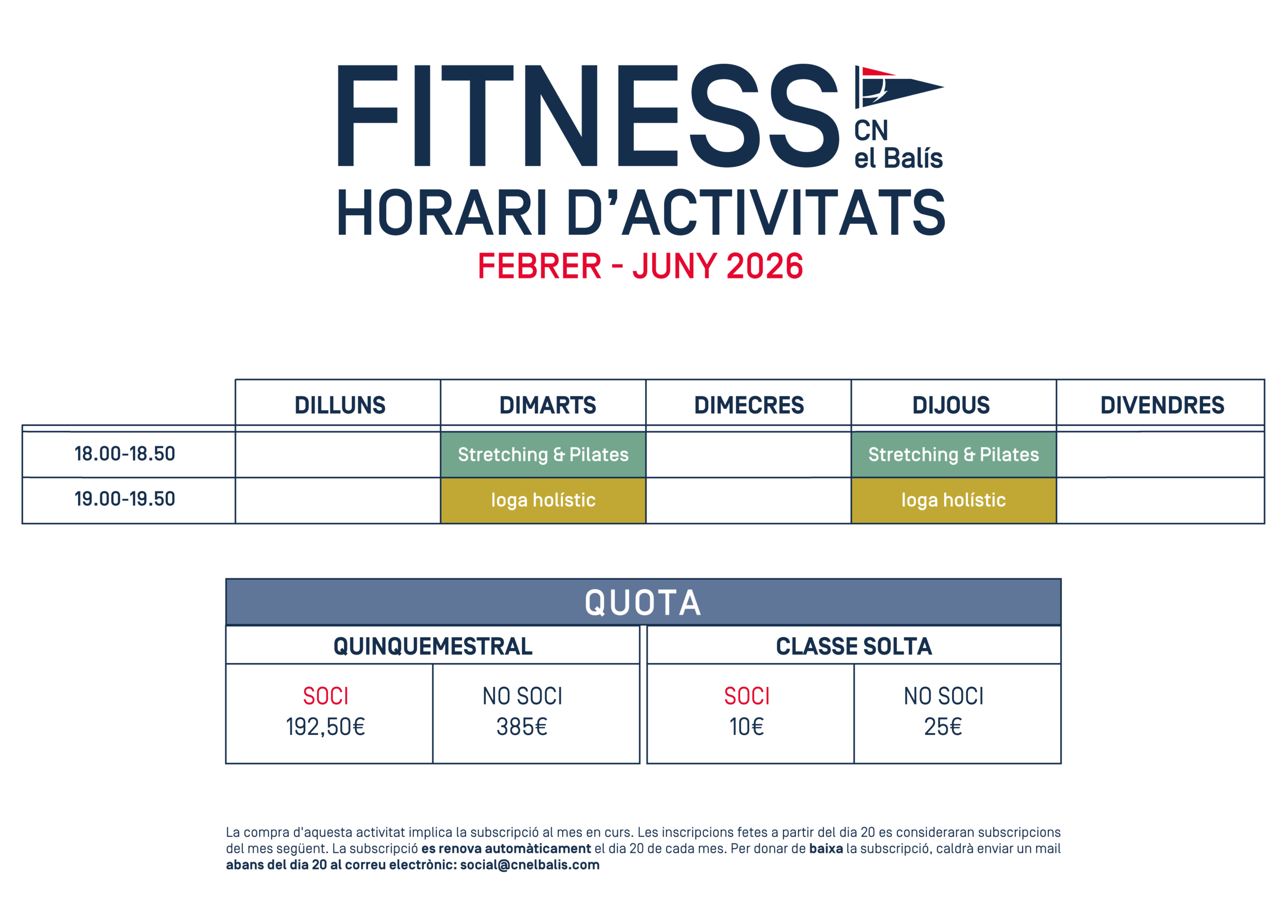 Actualització Horaris Fitness Febrer 2026 - Juny 2026 - CN El Balís